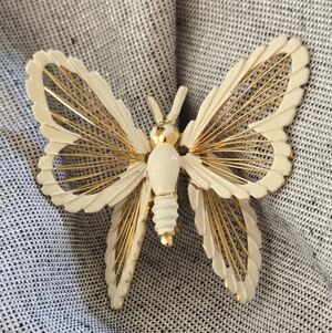 MONET Butterfly Brooch Gold Tone White Enamel Costume Insect Pin